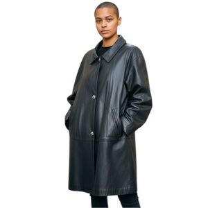 Vintage Vera Pelle Italy Black Leather Trench Coat Sz 50 XL Button Front A Line